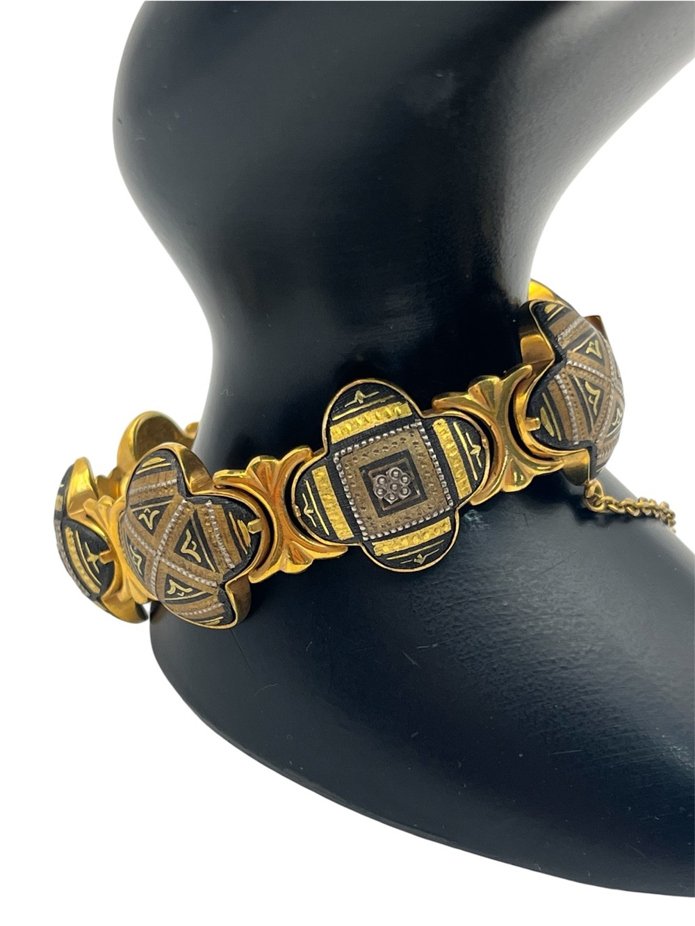 Spanish Damascene black & gold tone geometric clover link vintage bracelet Spain